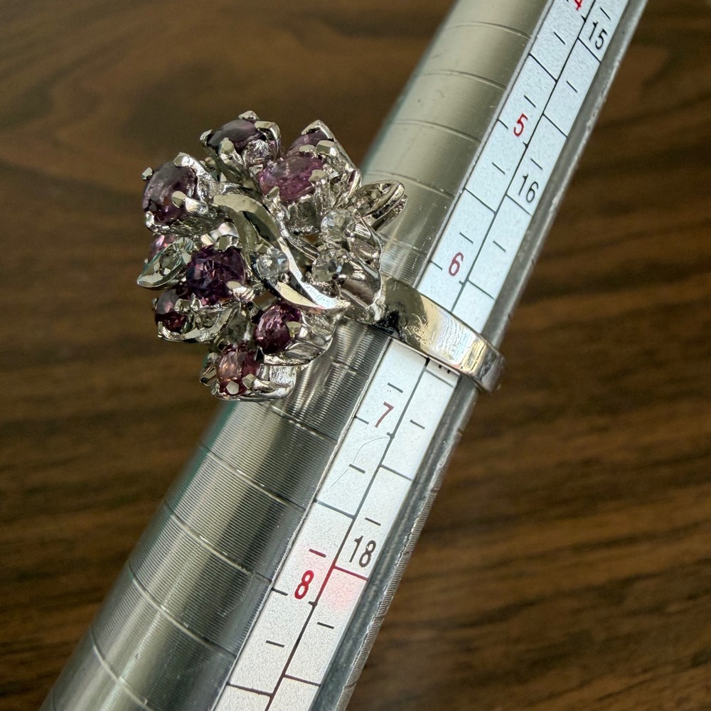 Vintage Silver Tone Purple Cluster Cocktail Marquise Ring 6.5 Floral Statement